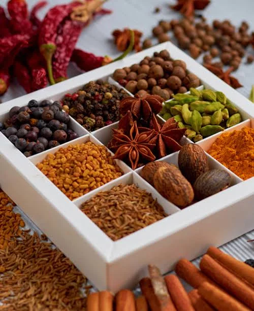 Assorted whole Indian spices — star anise, cardamom, peppercorns and dried chillies — in a spice box