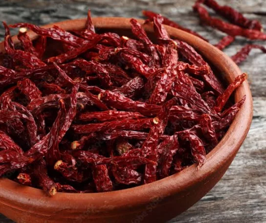 Bowl of whole dried Kashmiri red chillies