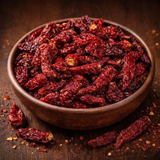 Clay bowl filled with long dried piriyan red chillies