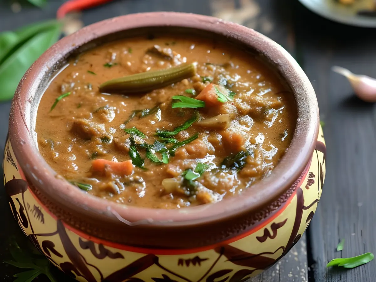 Bowl of South Indian sambar surrounded by spices